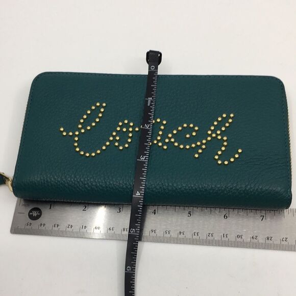 Coach Viridian Green Gold Studded Script Zip Around Wallet Accordion Zip Wallet - Picture 16 of 16